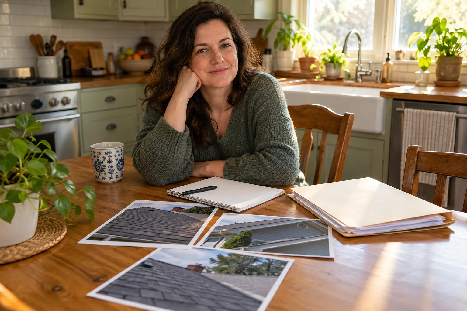 A homeowner organizing roof photos and notes at a kitchen table